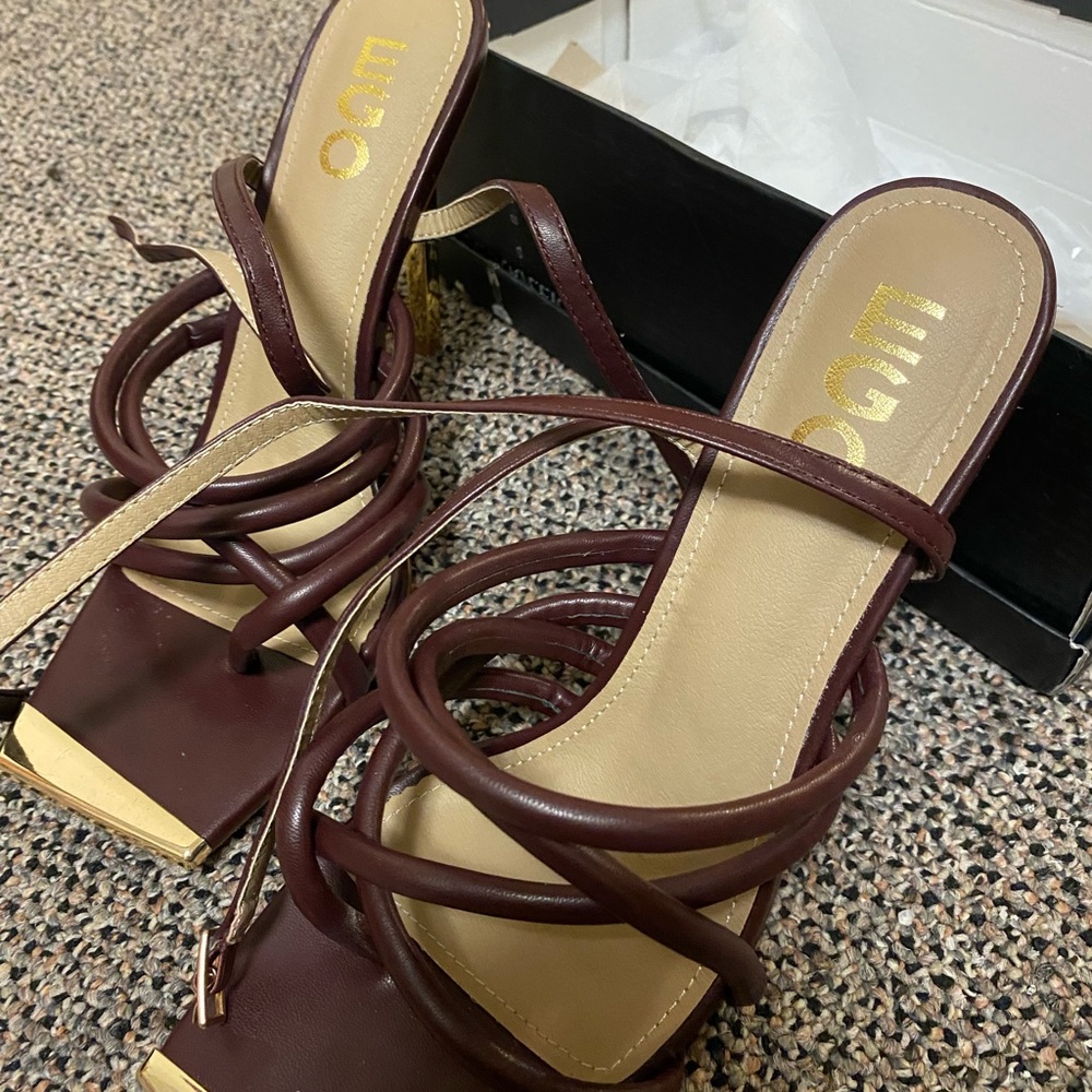 Square Toe Strappy Brown Heels